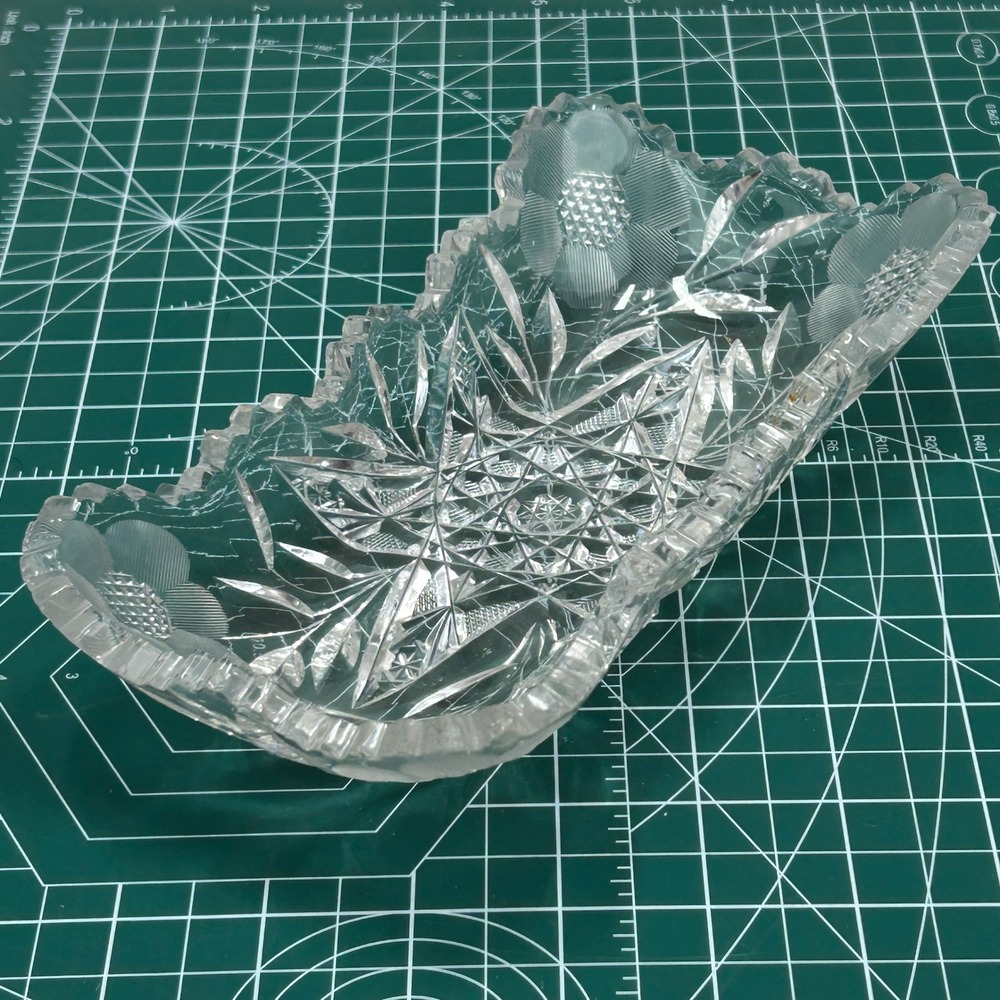 Vintage Cut Glass Celery Dish Frosted Floral Starburst Sawtooth Edge‎ 8 Inch